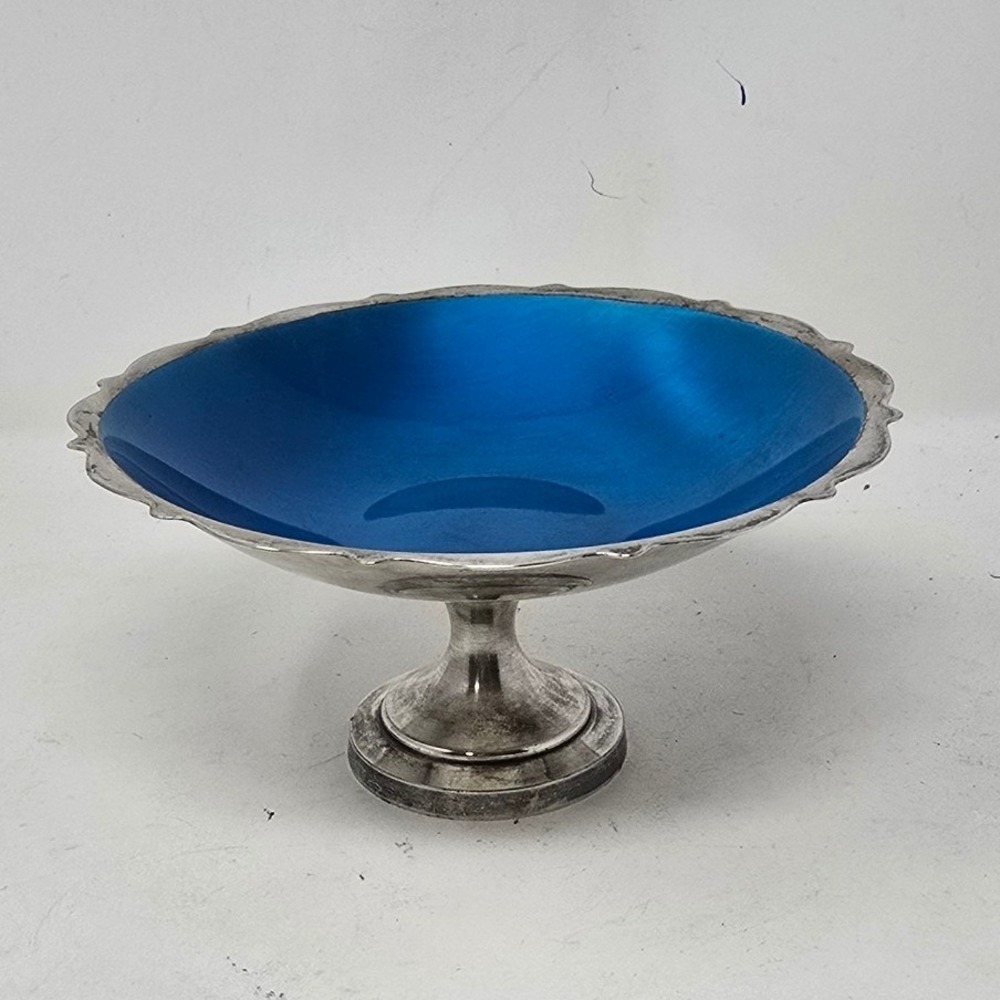 Vtg Wm. A. Rogers mid century silver plate blue enamel compote candy dish bowl